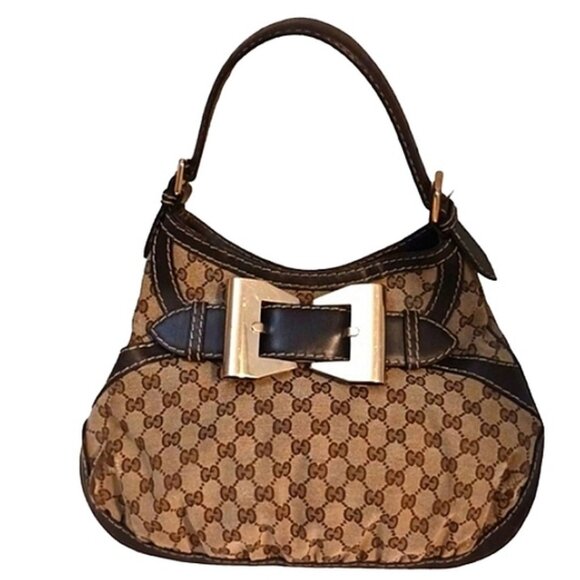 Gucci Tote Shoulder Bag Purse w LARGE GOLD BOW CC Monogram Canvas Vintage - Picture 1 of 17